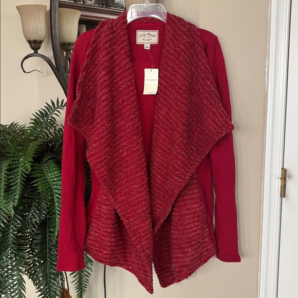 Brand New Lucky Brand Red Metallic Knit Shawl Open Front Drape Cardigan Sweater - Picture 16 of 16